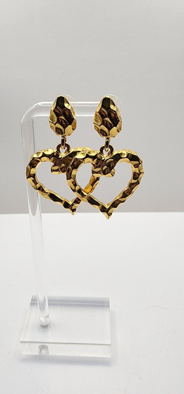 Gold Tone Hammered Double Heart Dangle Earrings Textured Statement 2.25"
